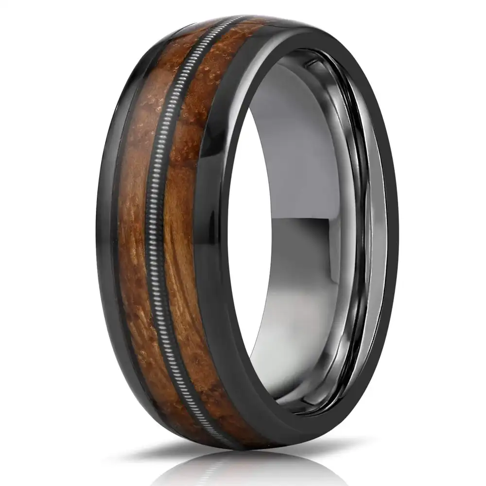 WHISKY BARREL WOOD X GUITAR STRING RING- GUNMETAL TUNGSTEN