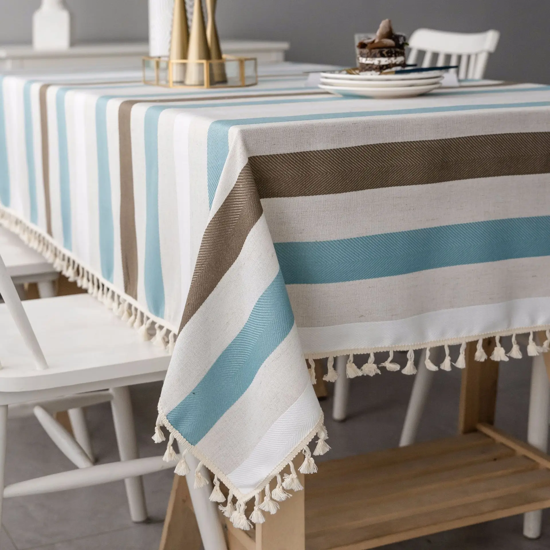 European style stripe tablecloth rectangle tassel stretch cotton linen dinning wedding custom hotel banquet party table cloth