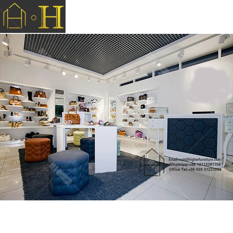 Customized High boots shoes showroom design wooden shoe display rack shoes shop layout