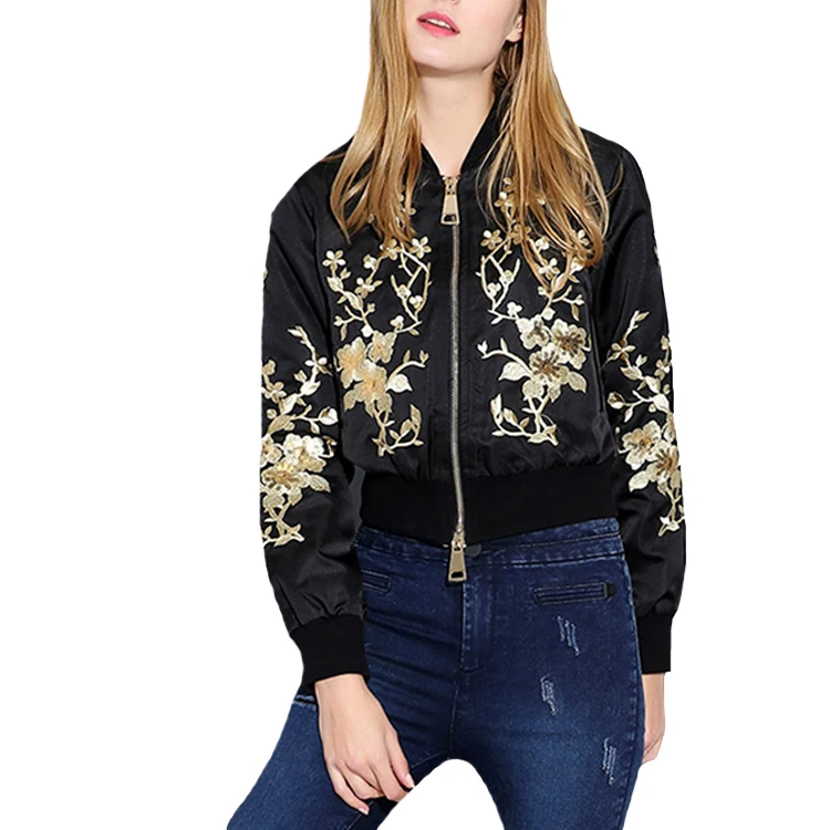 Custom Black Satin Bomber Jacket Women Winter Golden Embroidered Jacket Wholesale