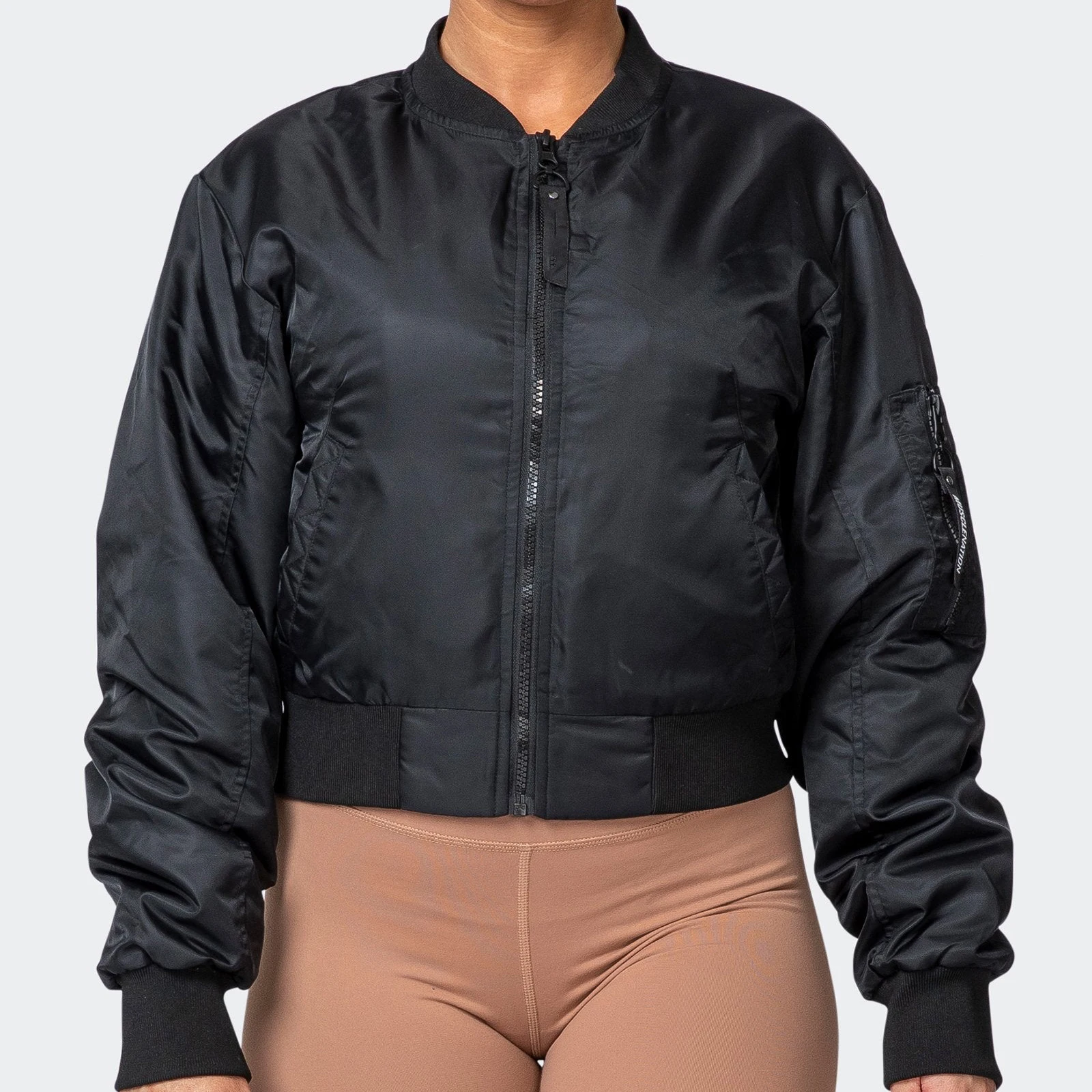 Custom Center Front Zipper Water Resistant Exterior Crop Length Women Bomber Jacket