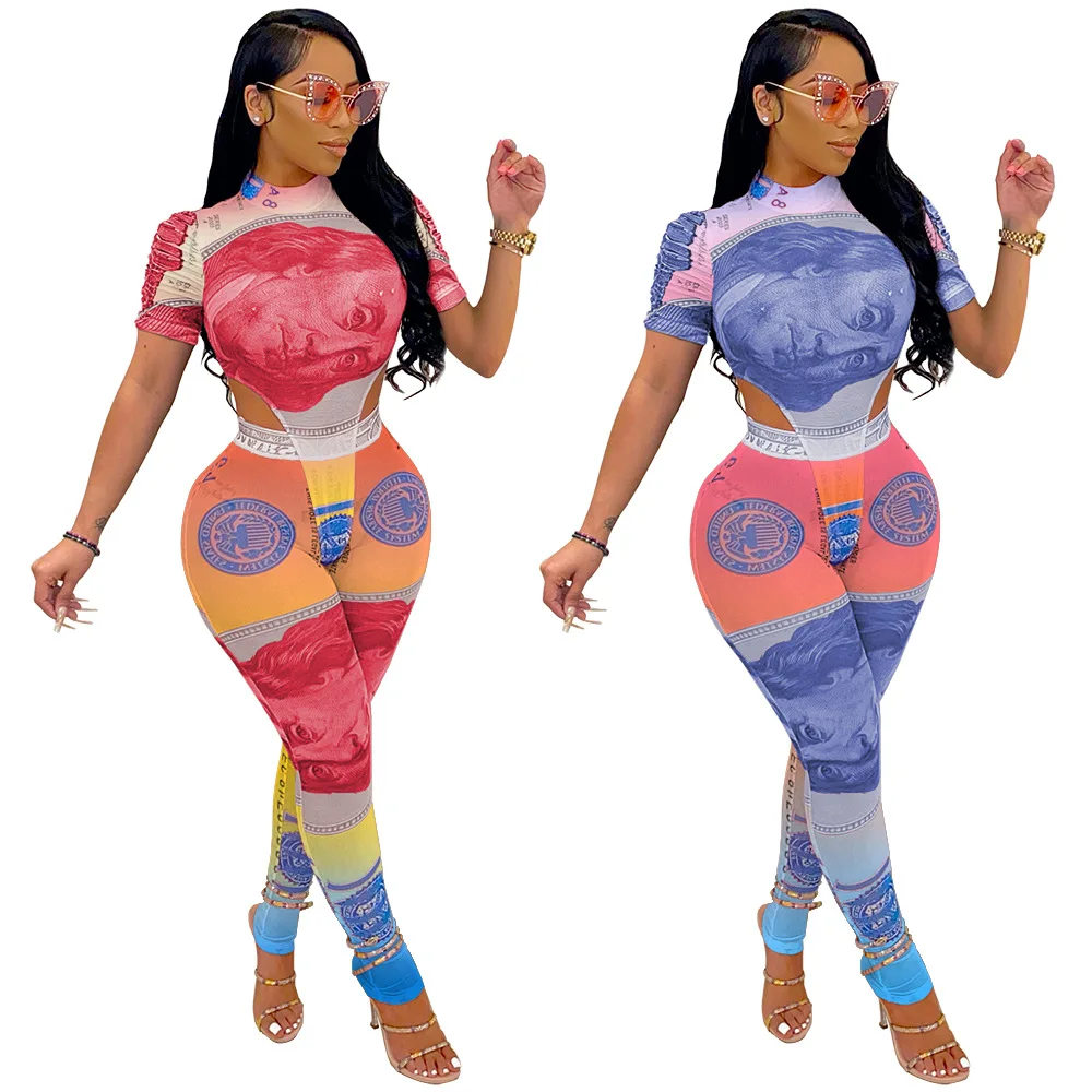 
High Waist Women Stretch Pants Set Bodycon Dollar Two Pants For Women Sets Short Sleeve Two Piece Pant Set Bodysuits 2 Piece 