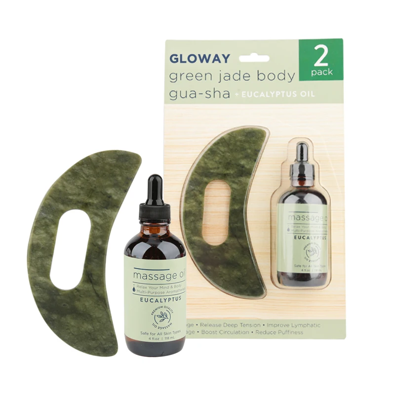 2024 Popular Large Jade Stone Guasha Scraping Massage Tool With Handle Green Jade Body Gua Sha And Eucalyptus Oil For Your Body
