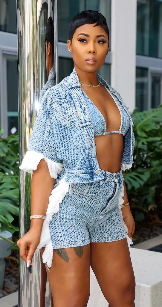 Fashion sexy tassel three pieces short set with denim crop top and denim short jeans and bra