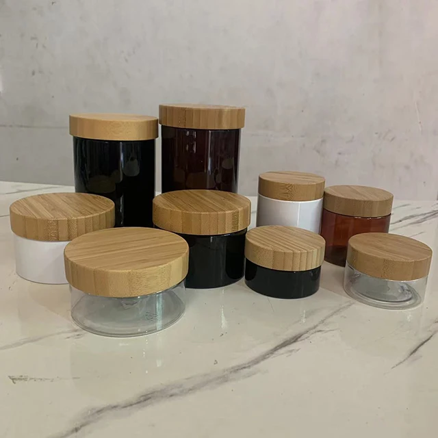 Hengjian 50g 100g 200g 250g 300g 500g Bamboo Products Scrub Container Plastic Body Butter Cosmetic Cream Jar with Bamboo Lid