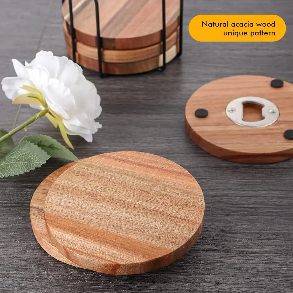 Coffee Table Dining Table Desk Set of 6 Acacia Wood Coasters For Drinks With Bottle Opener Holder