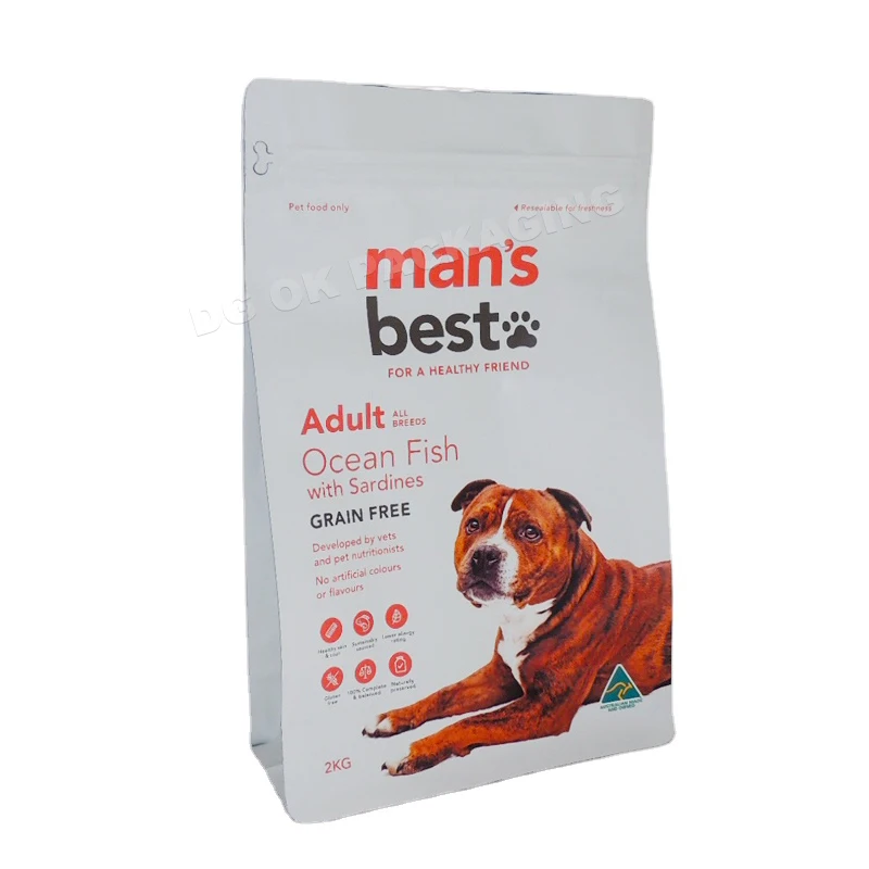 Custom Printed Logo Zip Lock Flat Bottom Eight Side Sealed 5kg 10kg Aluminum Foil Pet Food Stand Pouch Aseptic PE Packaging Bag