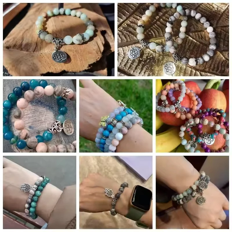 8mm Natural Gemstone Energy Lotus Charm Beaded Chakra Bracelet Healing Crystal Jewelry Yoga Practice Fashion Bangle Gold