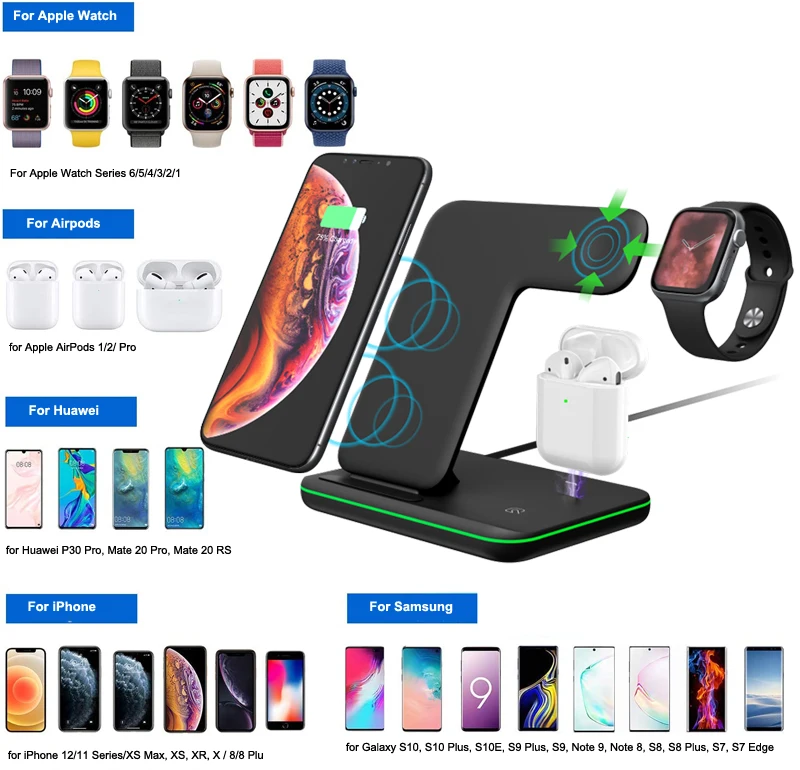  Беспроводная зарядная станция 3 в 1 Qi 10 вт 15 для iPhone