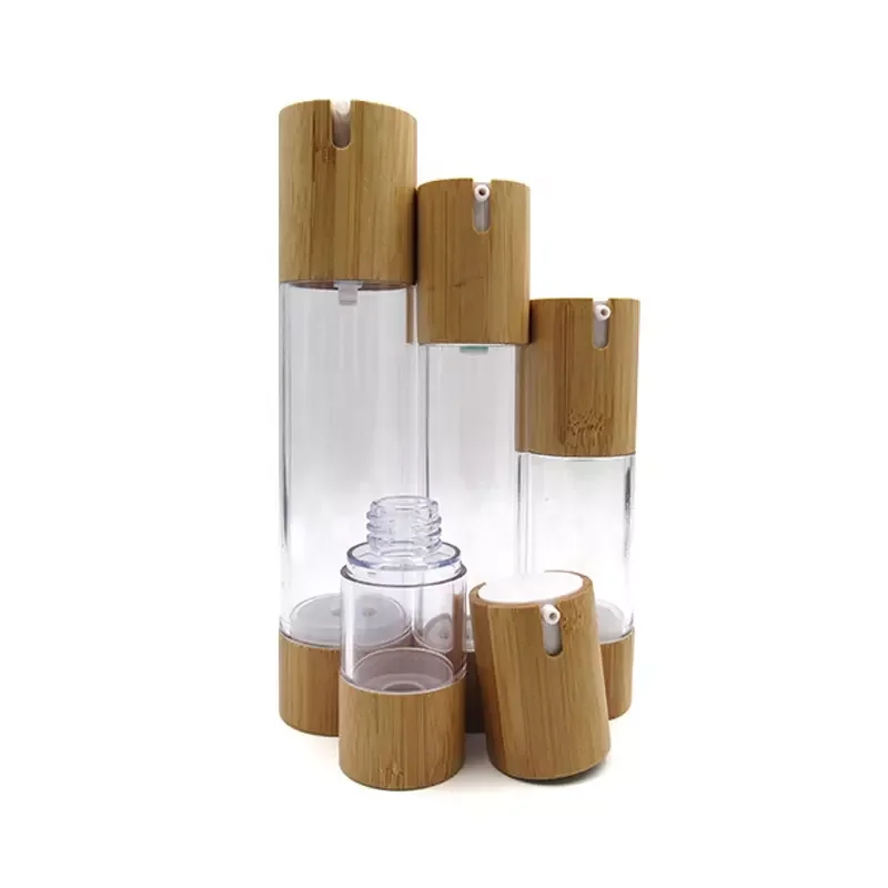 Nature bamboo lids 15ml 30ml 50ml 100ml Hot Sale Plastic Dispenser Lotion Pump Airless Bottle with Bamboo Pump