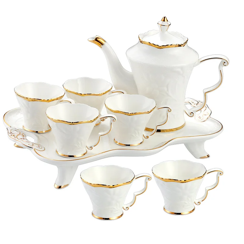 Hot Selling Luxury Afternoon Tea Set Restaurant White Gold Rim Ceramic Tea Cup Set Embossed Coffee & Tea Sets With Tray