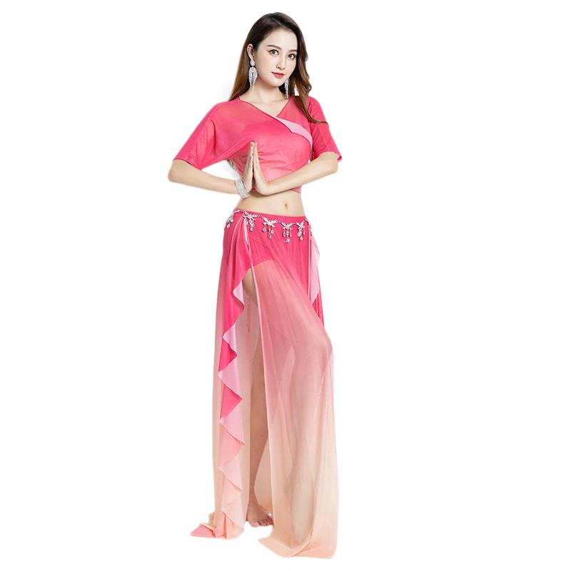 Новейшая сексуальная Длинная юбка с высоким разрезом Макарон градиентного цвета полный комплект для Восточной одежды танца живота