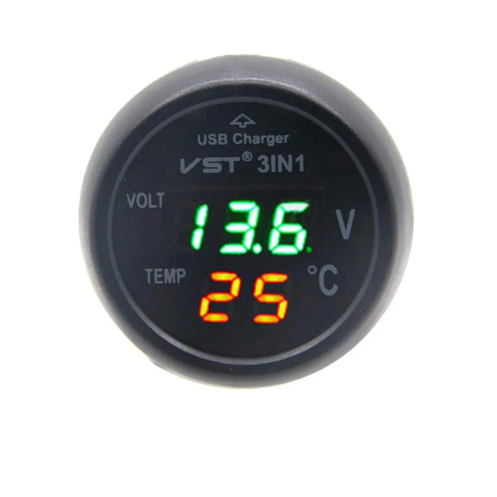12V-24V 3in1 Universal Green Cigarette Lighter Car USB Port Charger Digital LED Display Voltmeter
