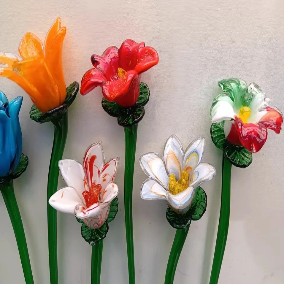 Home Decoration arrange flowers Hand Blown Art Hand Made Folk Art Decorative Long Stem colored glaze glass roses Lily Flowers