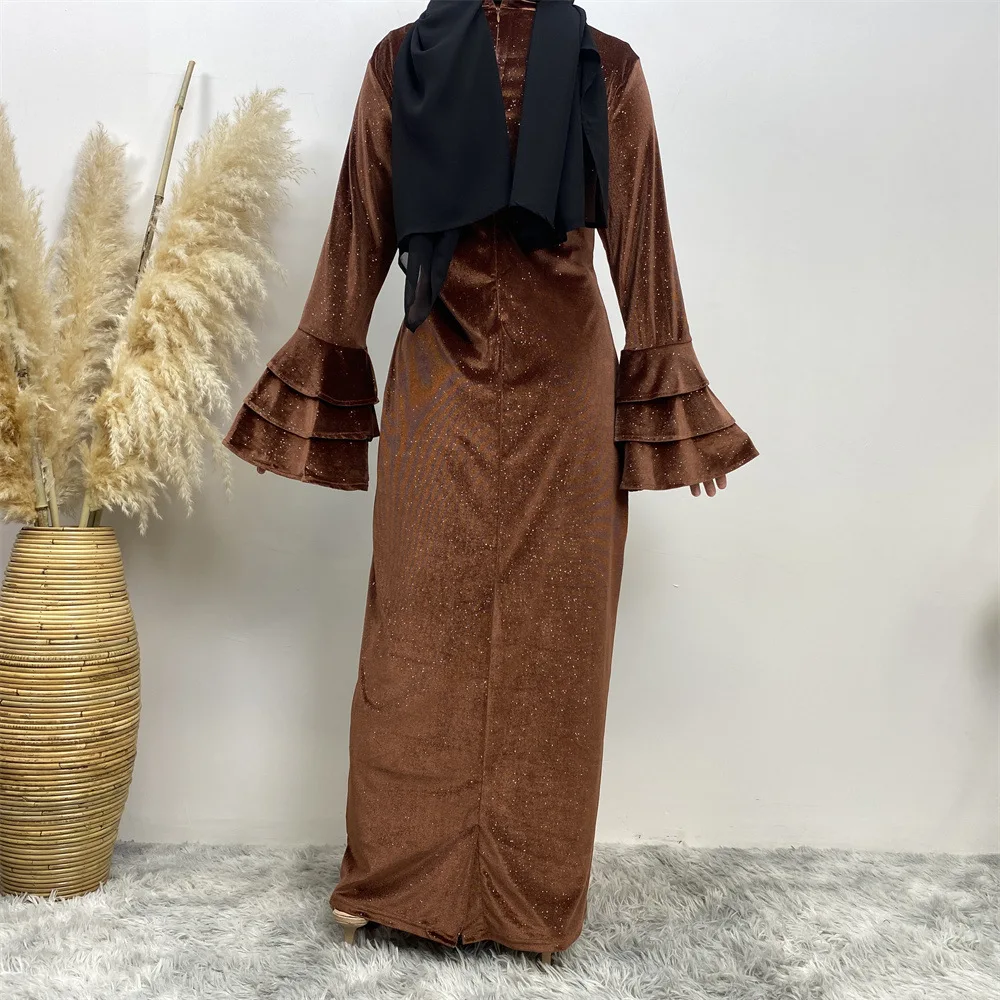 Hot Selling Velvet Flared Trumpet Sleeve Pure Color Shiny Muslim Party Dresses Simple And Elegant Thickened Glitter Abaya dubai