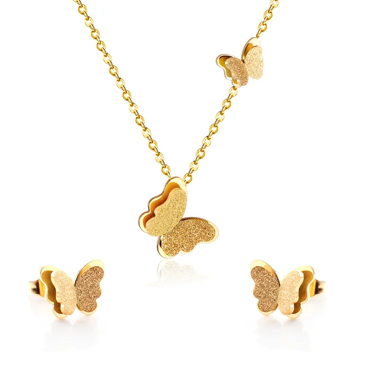 Wholesale New Simple Personality Cute Dainty 316l Stainless Steel Butterfly Stud Necklace Jewelry Set