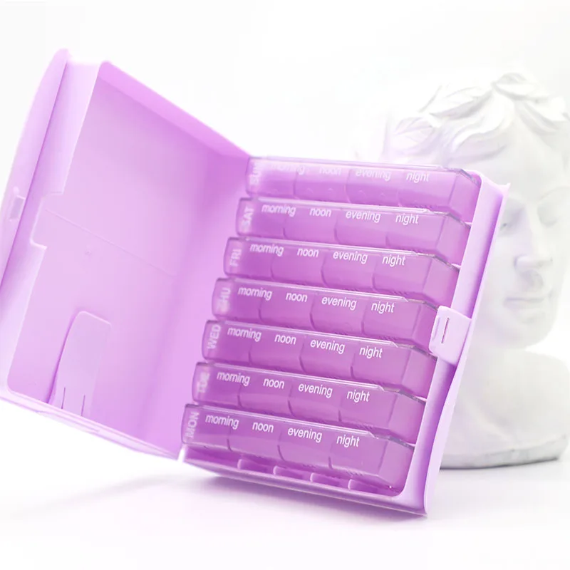 book design medicine pp food grade 28 grids weekly 7days pill organizer case Clampable Instructions vitamin pill box