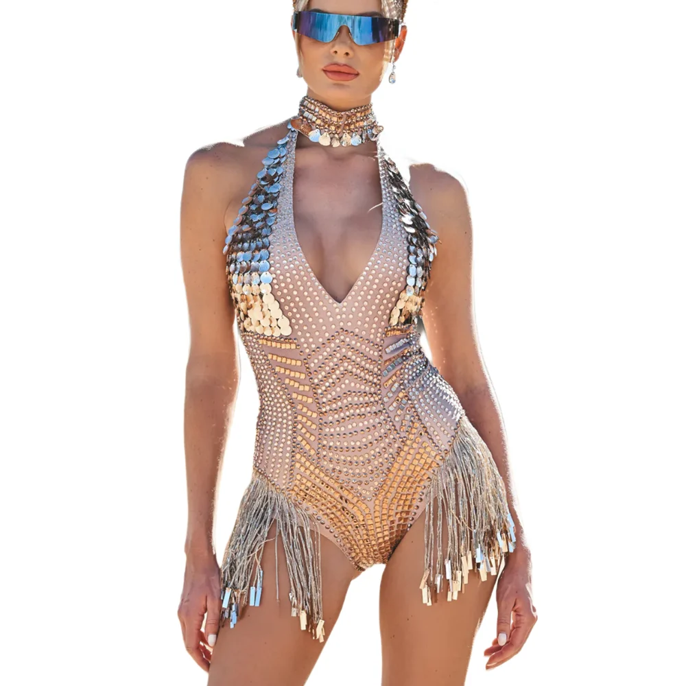Sparkling Gold Sequin Tassel One Piece Short Jumpsuit Drag Show Performance Pole Dancer Outfits Women Rhinestone Bodysuits