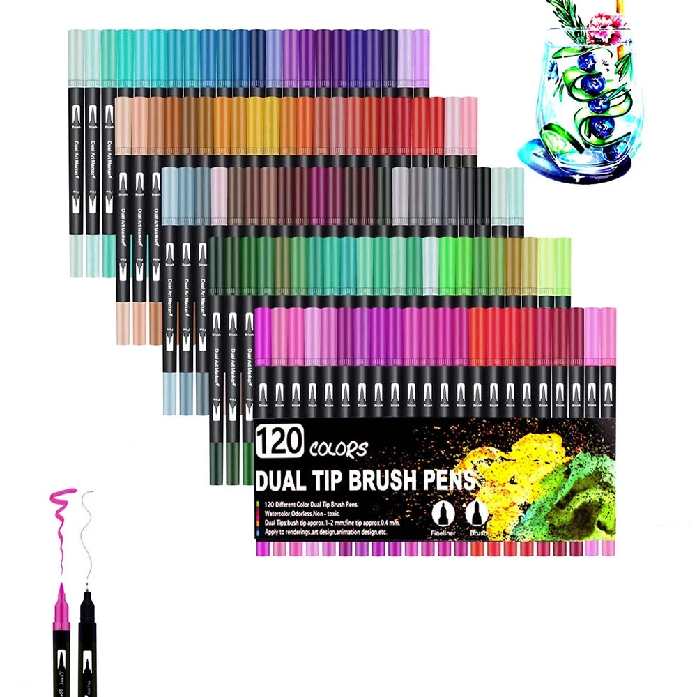 Watercolor Pen Brush Markers Dual Tip Fineliner Drawing for Coloring Art Markers 12 24 36 48 60 72 100 120 Colors Pens