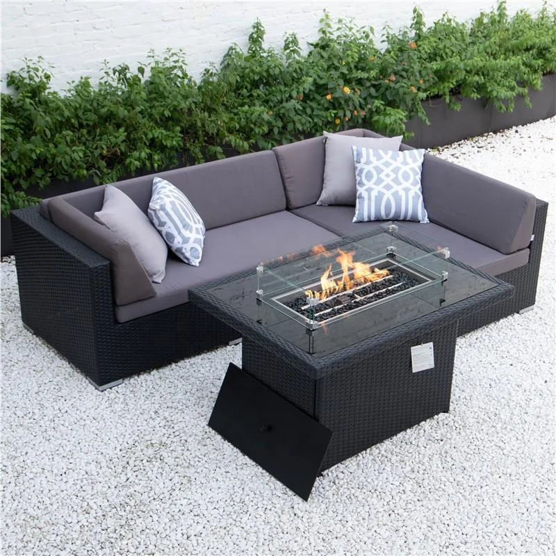 Rattan Garden Furniture Sofa Outdoor Lounge Set with fire pit table