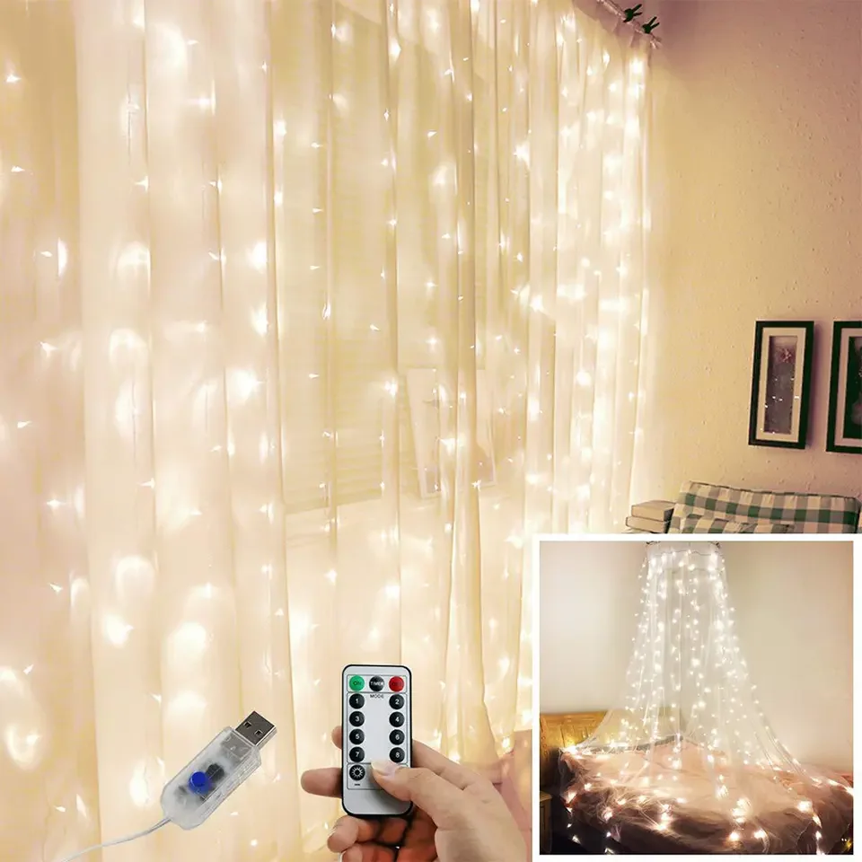 Kanlnog Wholesale 3x3m 3*2m 3*1m 8 Modes String Decorative Curtain lights Waterproof Fairy  LED Curtain Light for Bedroom Decors