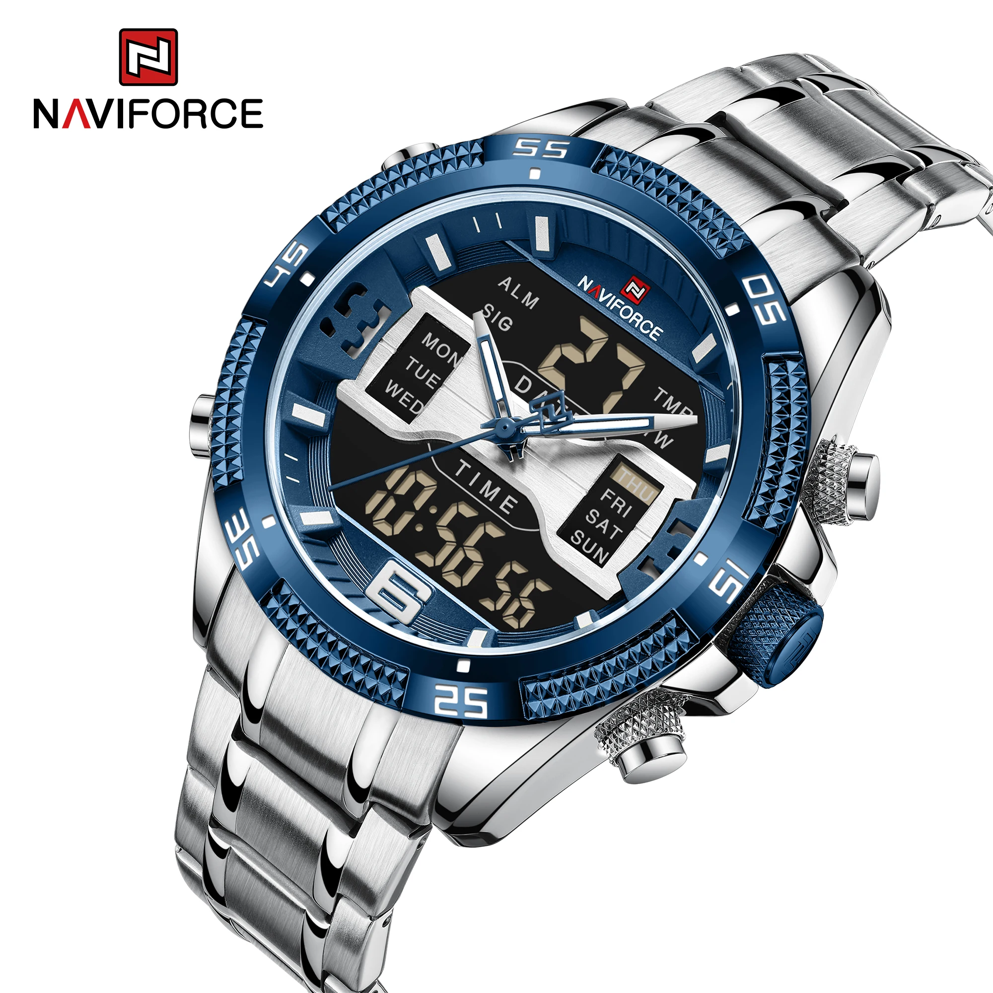 Часы наручные NAVIFORCE Мужские кварцевые люксовые Брендовые спортивные цифровые аналоговые водонепроницаемые с двойным дисплеем 9201