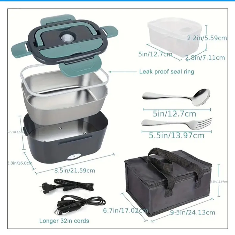 60W 220V Stainless steel liner Dual Use Durable Heating Charging Heat Electric Lunch Box For Home Office And Truck Working