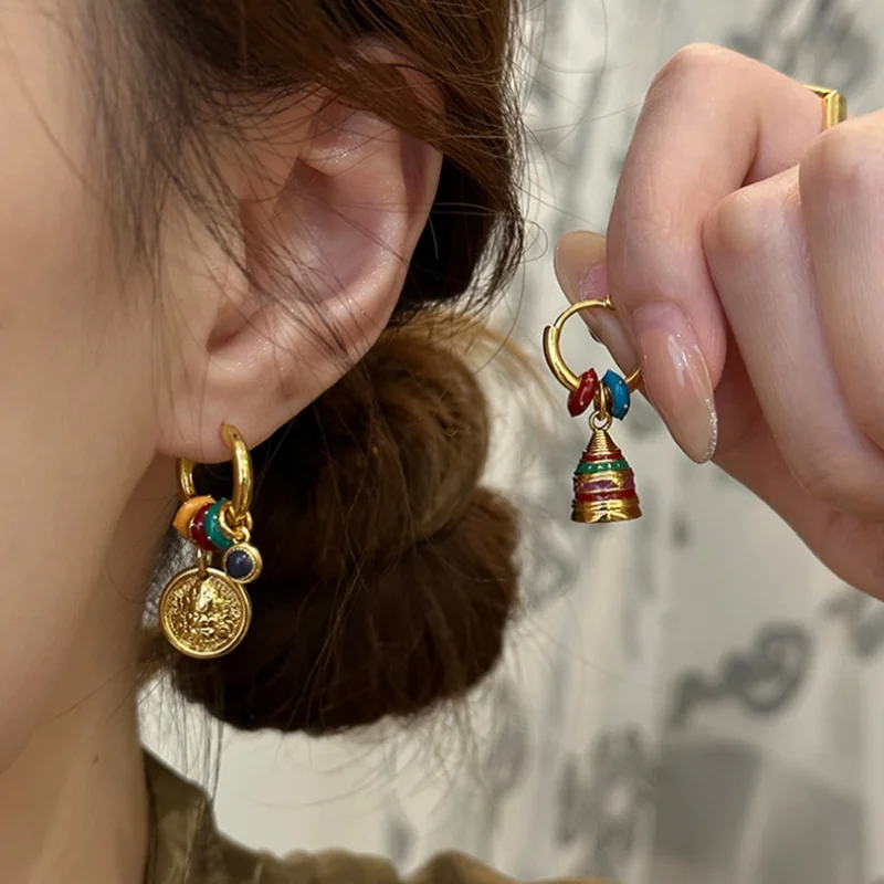 Versatile New Chinese Style Ruyi Persimmon Drop Earrings Simple Fashionable Enamel Stainless Steel for Parties