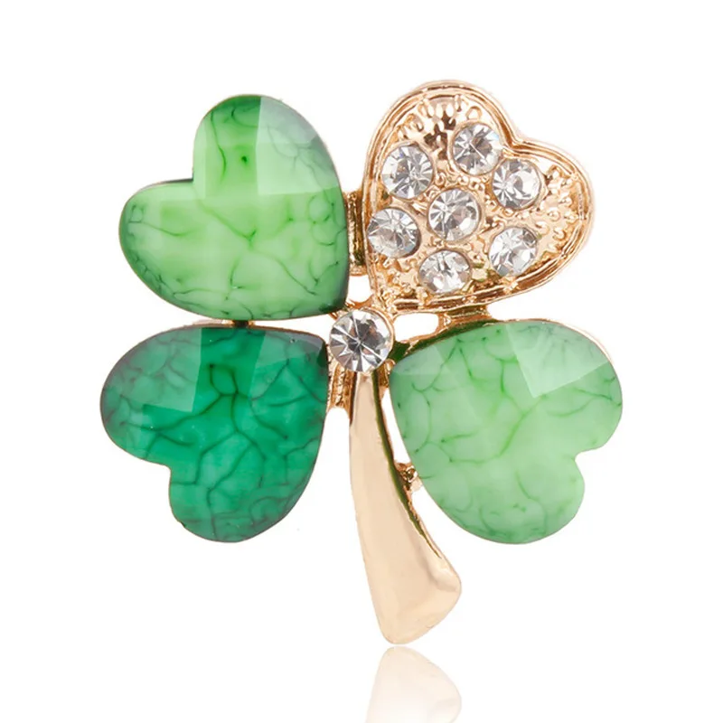 Colorful Stone Decorated Flour Leaf Lucky Clover Brooch For Suits