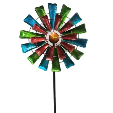 Outdoor Garden Ornaments Colorful Double Blade Kinetic Metal Wind Spinner for Decoration