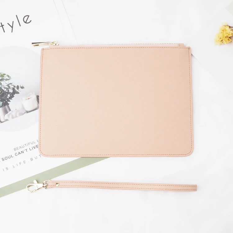 100% genuine saffiano leather custom woman zipper clutch bag