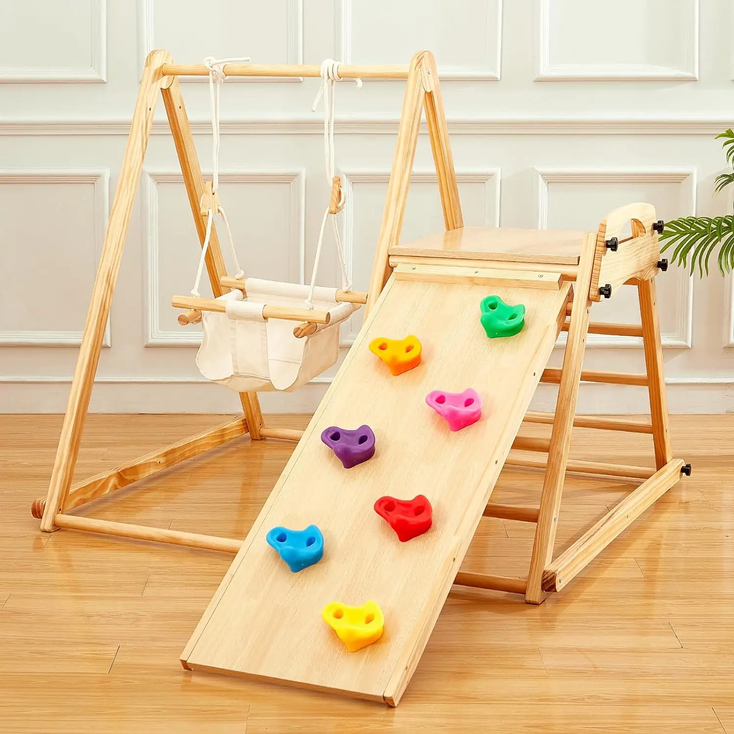 4-in-1 Wooden Toddler Swing and Slide Set Foldable Montessori  Gym Indoor Playground With Swing Slide Ladder Climbing Rock