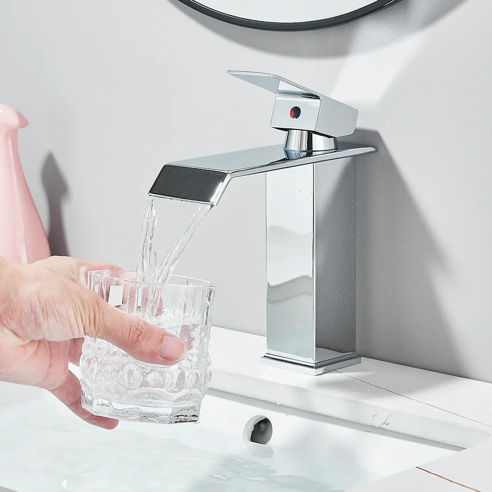 Chrome Waterfall Bathroom Faucet Basin Fancet Curved Mouth Sinks Mixer Tap Cold And Hot Water Bathroom Faucets