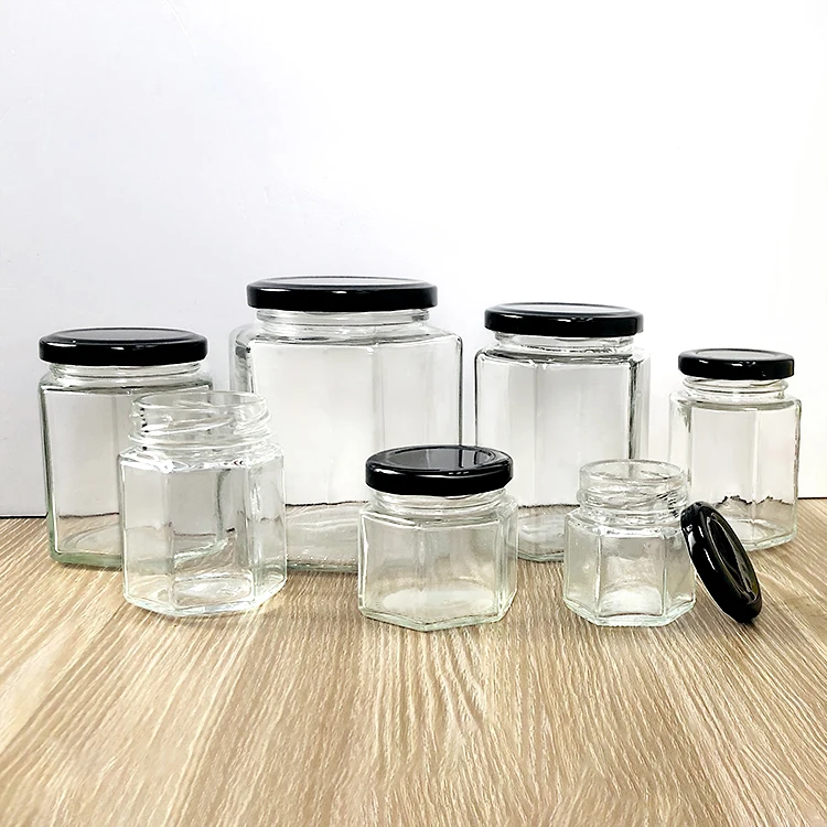 
Hexagonal Jars 180ml 280ml 380ml 500ml JamJelly Honey Spice Jar Glass Containers with Gold Lids 