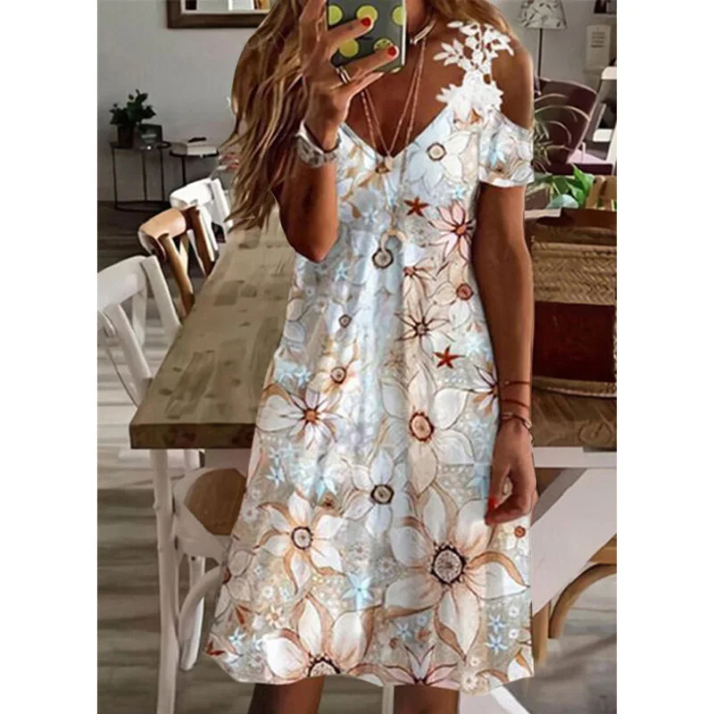 MOTE-ZC461 Wholesale Summer Short Sleeve Knee Length Lace Womens Casual Off The Shoulder Dresses v Neck Flower Print Dress