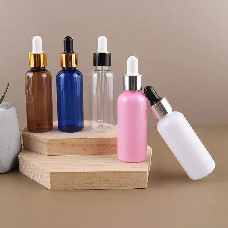 50ml 100ml luxury electrochemical aluminum PET2oz round essential oil serum plastic dropper Cosmetic dispenser empty bottle