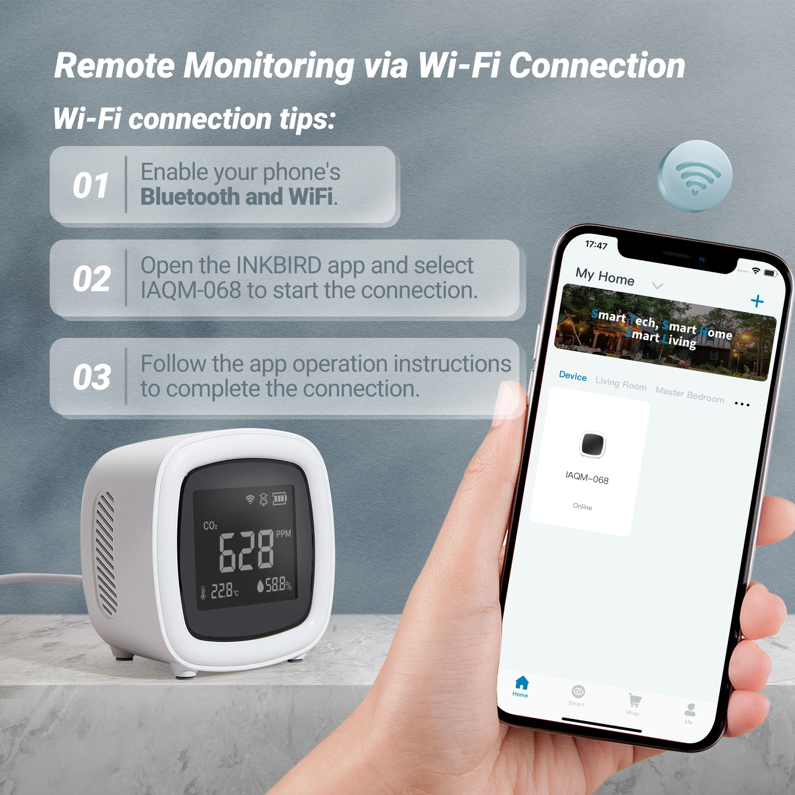 INKBIRD Wi-Fi IAQM-068 3-в-1 мониторинга качества воздуха в помещении CO2 температуры и влажности детектор для дома теплицы растут