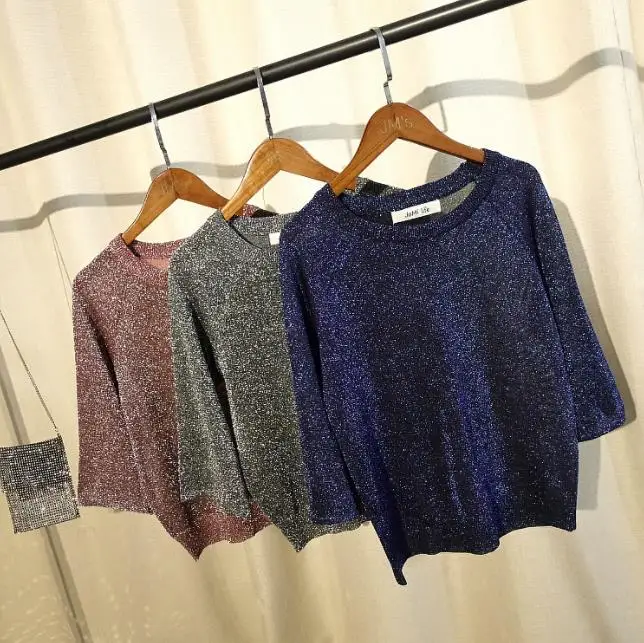 Summer 2022 Bling Half Sleeve Slit T Shirt Women Korean Style Slim Fit Knitted T Shirt Female Korean Fashion Shirt Top