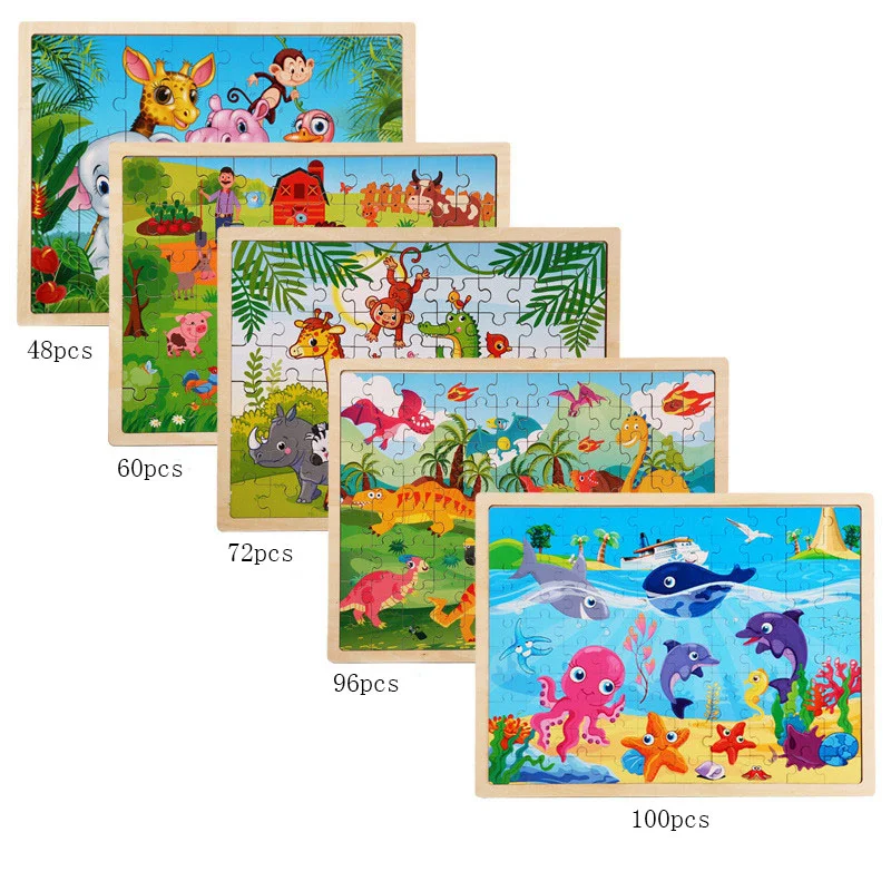 Good quality Laser Engraving cut animal traffic Cartoon Wooden Jigsaw 48pcs 100pcs Puzzles For Children Early Educational Toys