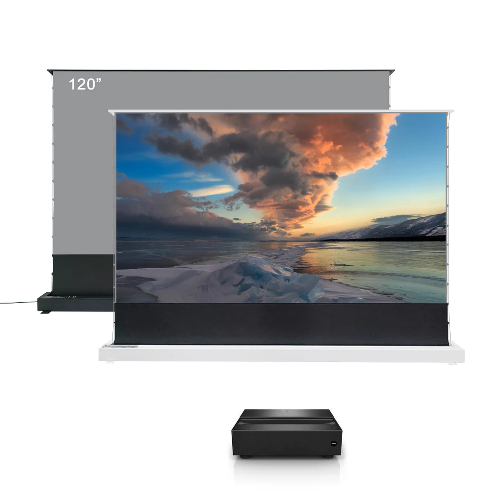 120 inch electric floor rising ust alr projector screen 4k short throw projector screen floor raising for home theater