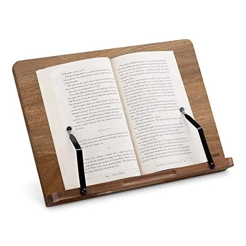 Wooden Book Stand  Hands-Free Reading Recipe Cookbook Tablet Holder  with 2 Adjustable Metal Page Holders with Grips