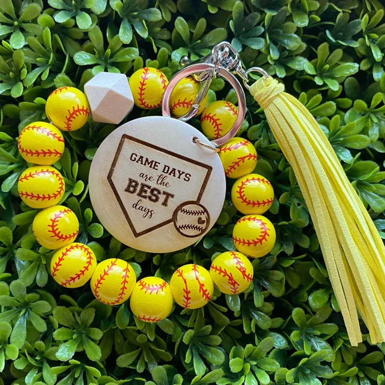 Hot Sale Sports Volleyball Basketball Soccer Baseball Wooden Beads Bracelet Keychain Gift For Mom Suede Tassel Wristlet Key Ring