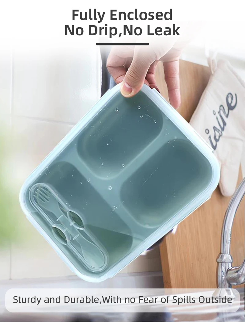 Custom Children Dinnerware Collapsible Lunch Box Silicone 3 Compartments Foldable Bento Box With Fork Spoon For Workers And Kids