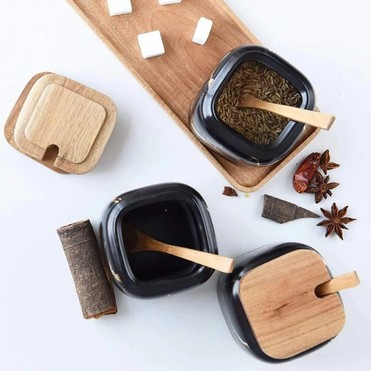 Custom nordic luxury marble ceramic kitchen salt sugar pepper seasoning jar spice jar set with wood lid and tray
