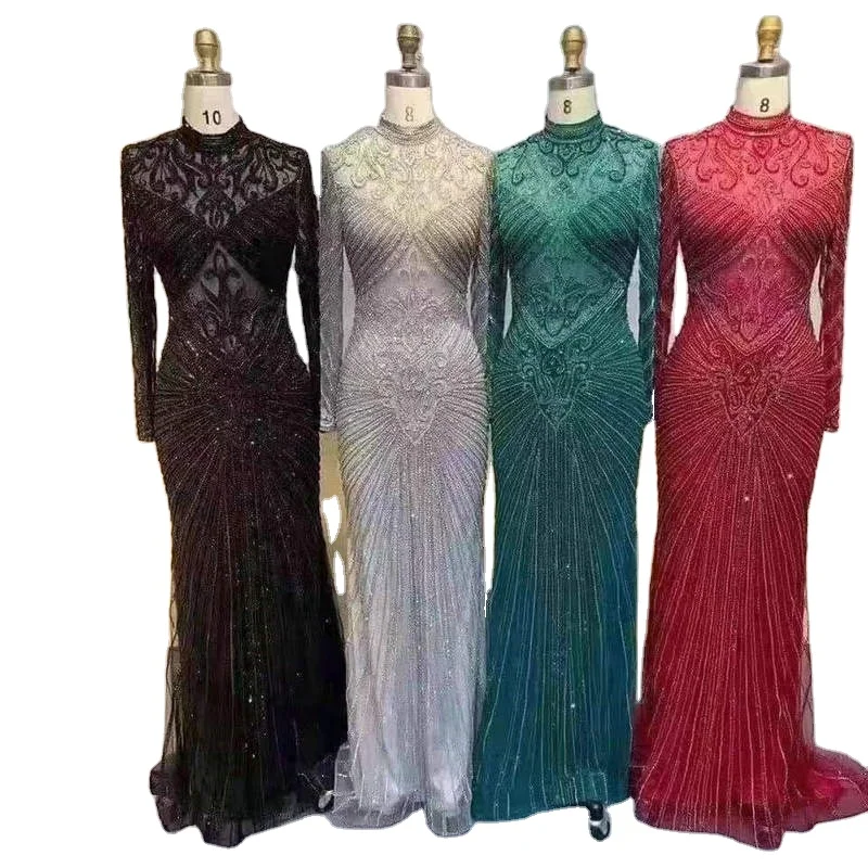Luxury Dubai Arabic High Neck Couture Evening Dress 2023 Beaded Mermaid Women Muslim Long Sleeve Formal Party Gowns