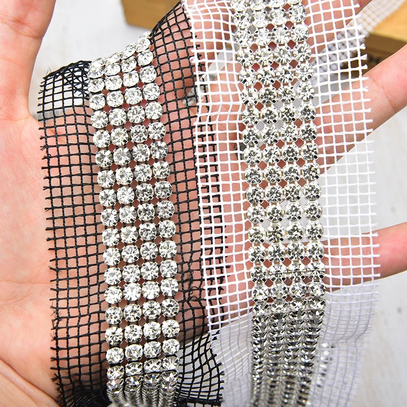 4 Rows Crystal Netting Silver Base Shiny Diamond Mesh Fabric Rhinestone Trimming for Shoes Bags Clothing Accessories