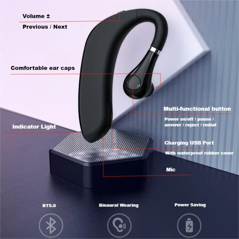 Ear-Hook BT5.0 Headset with Mic Lightweight Noise Cancelling Painless Wearing Earphones  Hi-Fi stereo single  earset