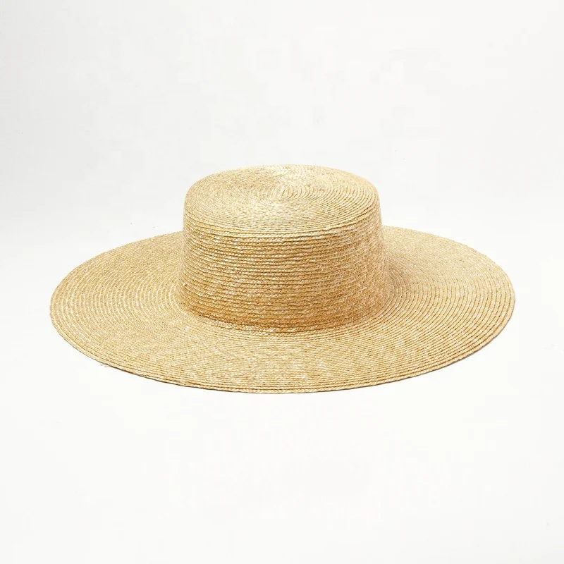 custom 10cm flat brim 0.6-1.2cm fine wheat boater crown straw hats with removable double strand rope band
