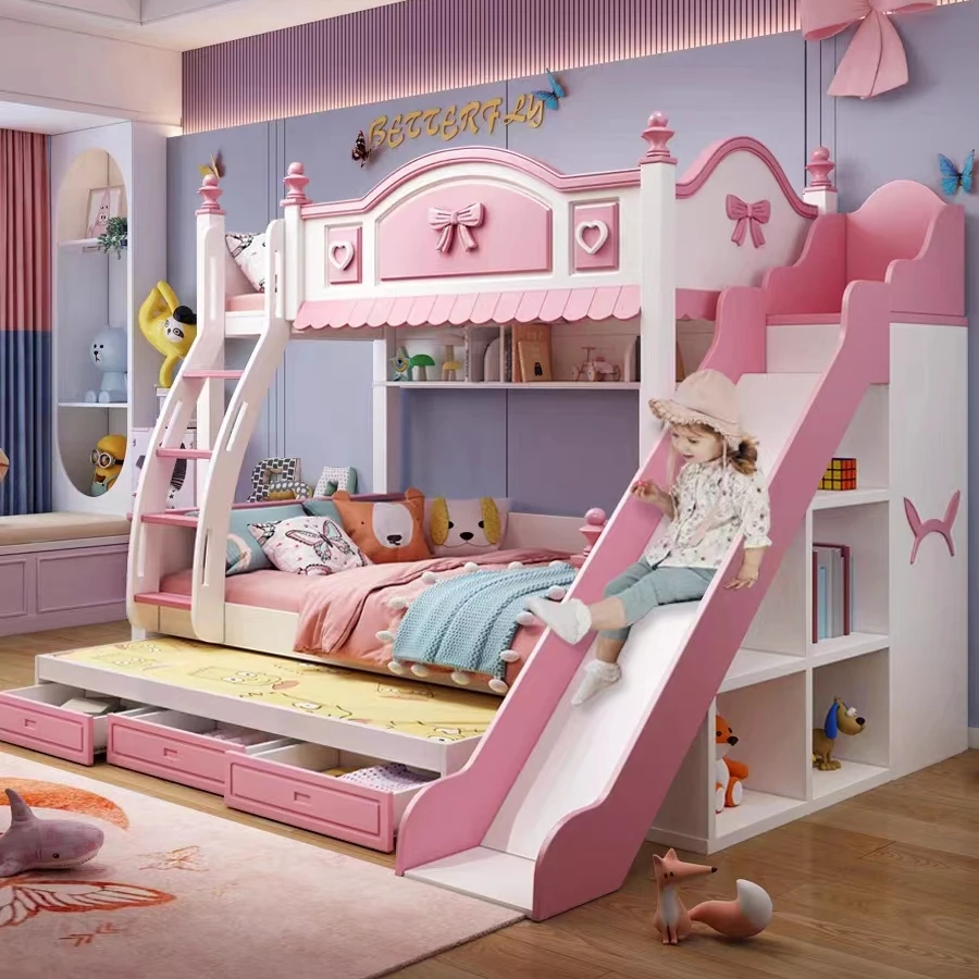 Princess castle children beds girl bunk kids bed set furniture with slide girls pink bunk bed