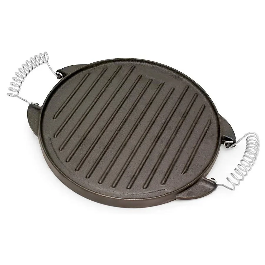 Pre-seasoned Round Camping Cookout Griddle Baking Pan 26cm Double-purpose Barbecue Cast Iron Grill With Spring Handles
